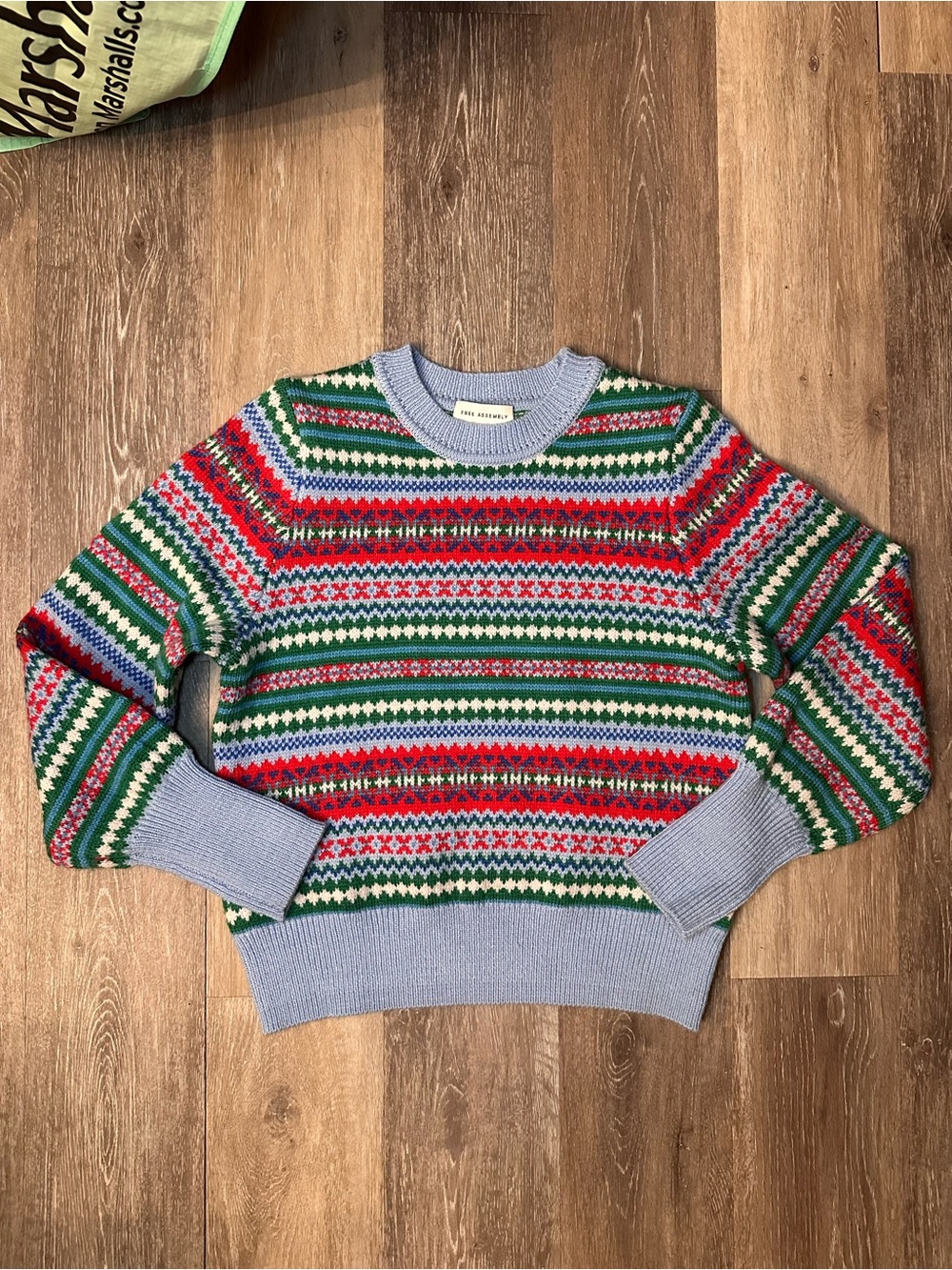 Free Assembly Crewneck Sweater in Light Blue, Green & Red - Womens